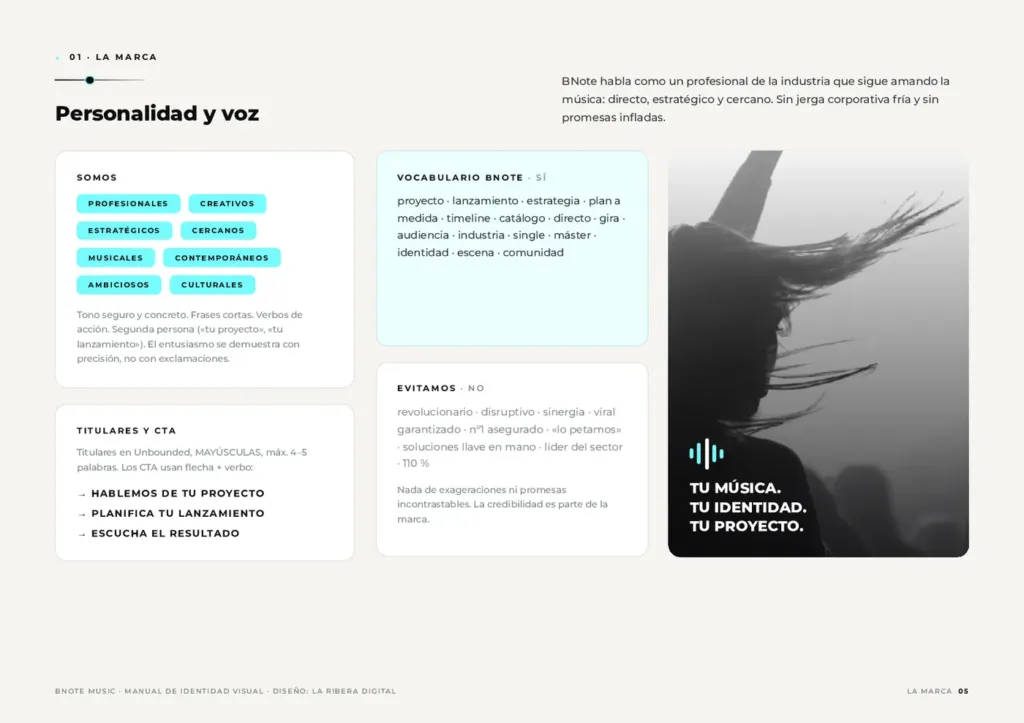 Personalidad y voz de marca en el manual de BNote Music