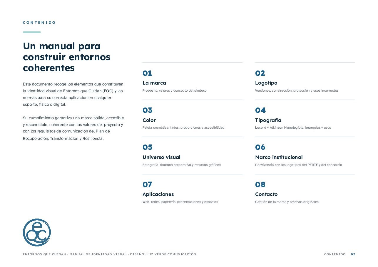 Página del manual de identidad de Entornos que Cuidan
