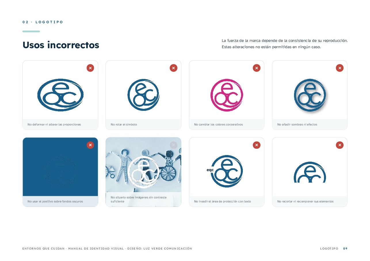 Aplicaciones de marca del manual de Entornos que Cuidan